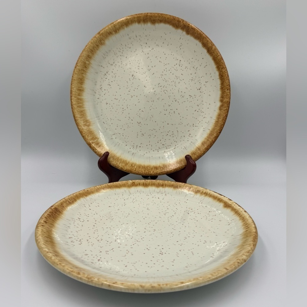 2 McCoy Pottery Graystone Dinner Plates 10 1/2" Brown Drip Vintage